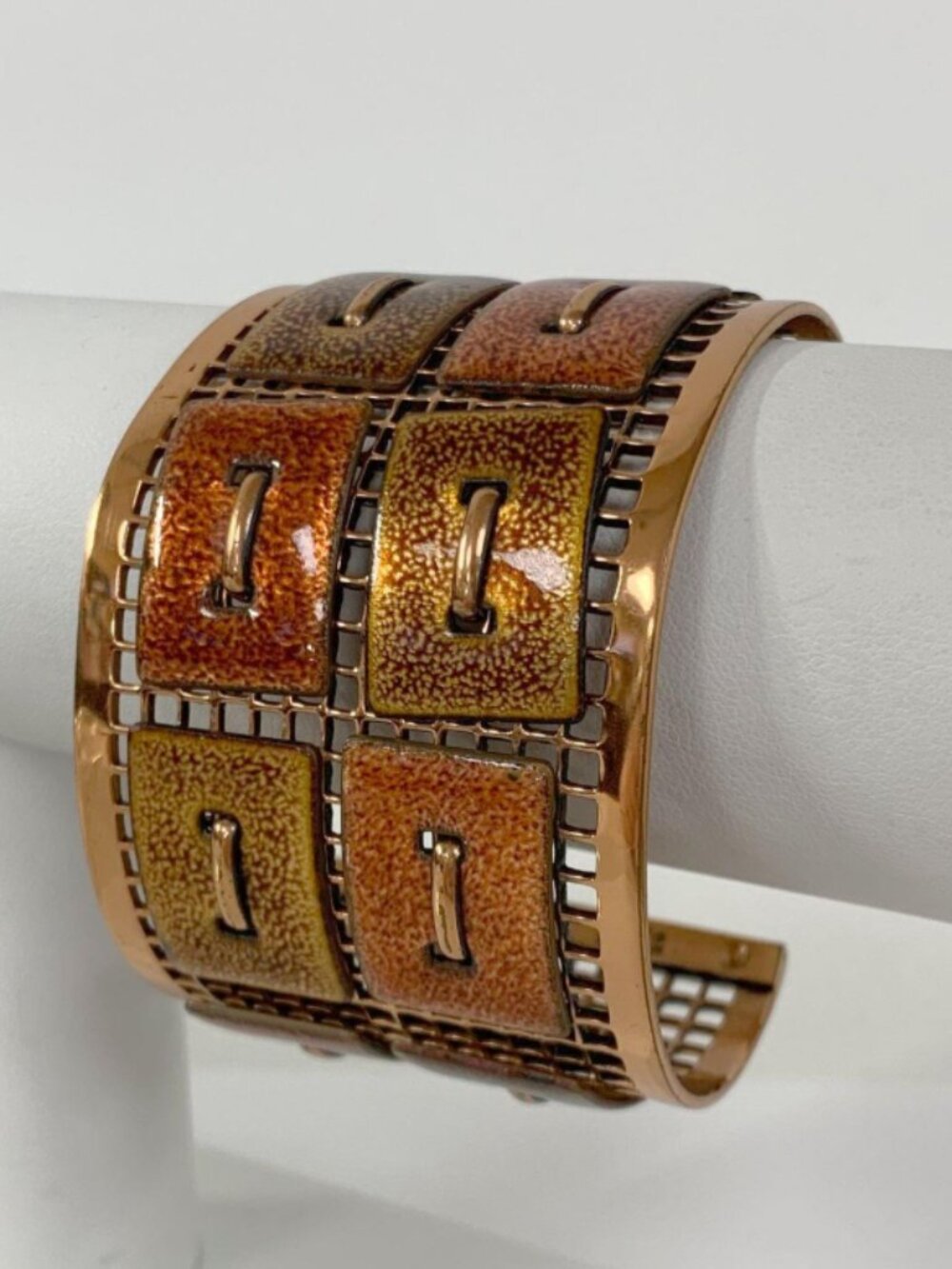 Vintage Matisse Renoir Copper Enamel Tapestry Wide Cuff Bracelet Mid Century Mod